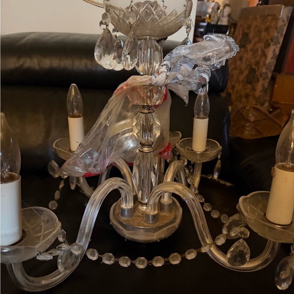 Antique five glass arm crystal chandelier, with prisms - Picture 9 of 13